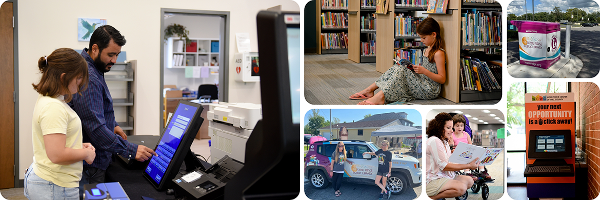 Photo collage of six photos showcasing different scenes in the library. First image shows a man helping a woman at a kiosk; top middle photo shows young girl reading on the library floor; bottom left photo shows two librarians smiling in front of a library vehicle; bottom middle photo shows librarian reading a book to a girl in a wheelchair; top right photo shows the book drop off box; bottom right photo shows library kiosk