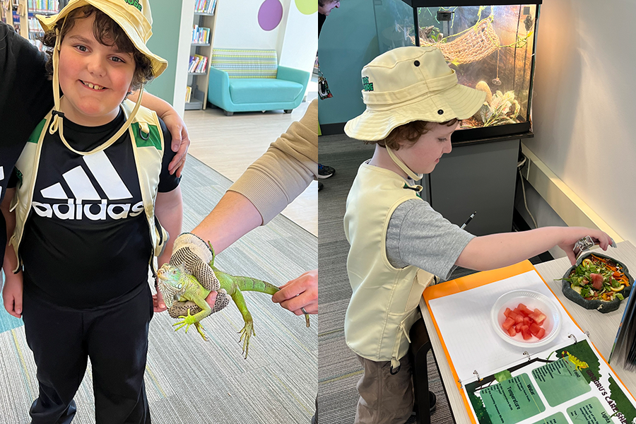 Two young boys volunteering for the Green Guardian program: one posing with Grogu and another preparing Grogu's food