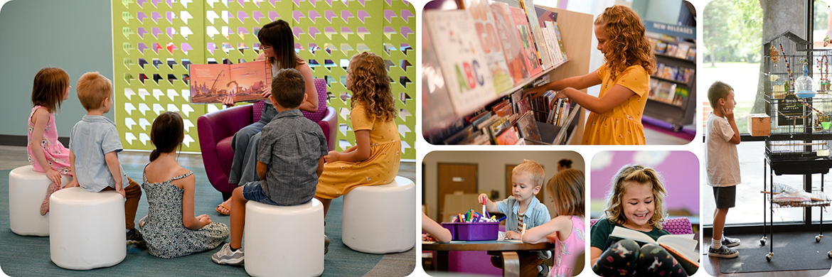 Children photo collage showing five photos: left photo shows a librarian reading to a group of children; top middle photo shows young girl selecting a book from the shelves; bottom left photo shows two kids using markers during a craft event; bottom right photo shows a girl smiling and reading; right photo shows boy looking into the birdcage