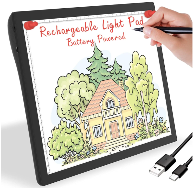 Battery powered rechargeable light pad with drawing of house and trees