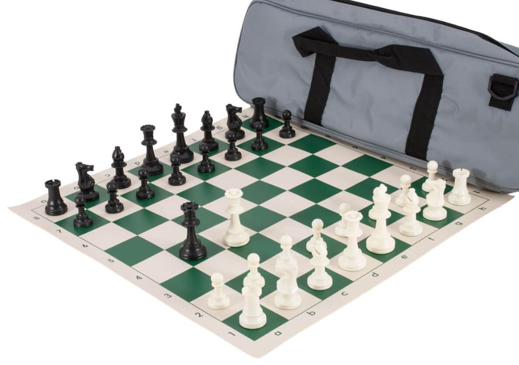 Chess set kit with board, pieces, and carry bag