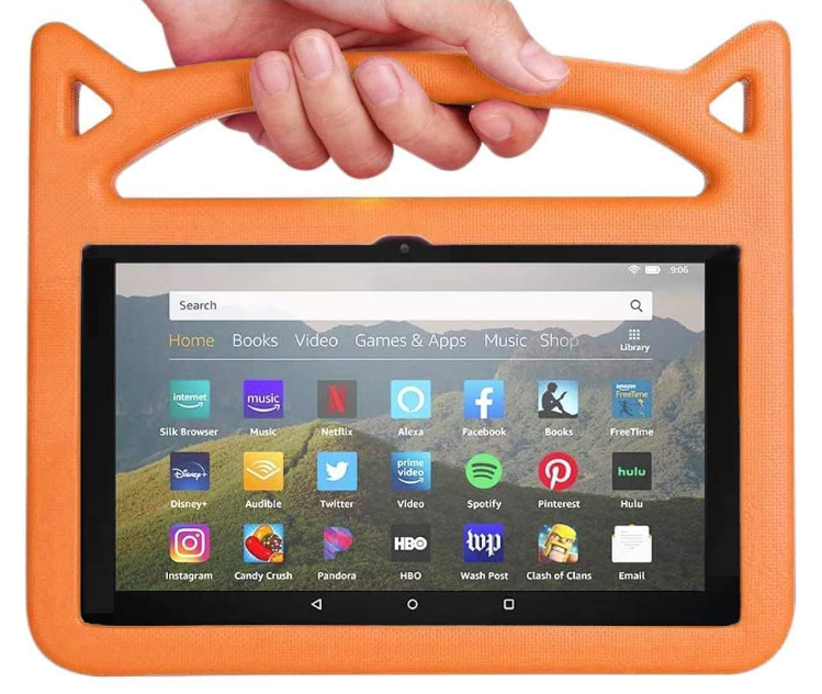 Kindle Fire tablet with orange cat ear carrying/protection case