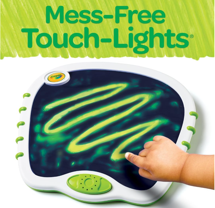 Mess-Free Touch-Lights board showing child's hand drawing squiggles on pad