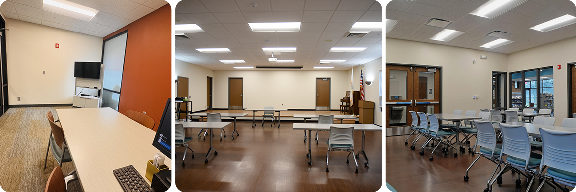 Three photos of the meeting rooms available at the library