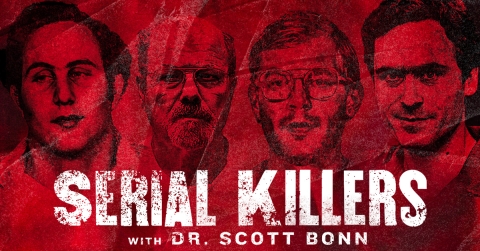 serial killer portraits back ground in red words in white 